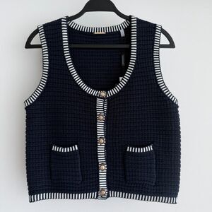 Elie Tahari Sweater Vest Medium Navy Textured Knit Old Money Preppy Quiet Luxury